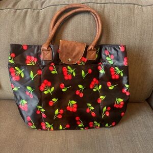 Cherry Print Black Tote Shoulder Bag Compacts Down Packable‎ Double Handle